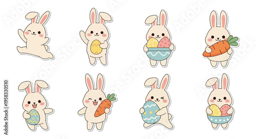Cute cartoon bunnies holding Easter eggs and carrots in pastel colors on a white background, celebrating Easter Sunday with a joyful and festive mood