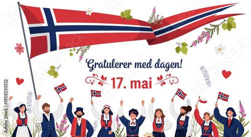 Norway National Day Celebration 17 May - People in traditional costume holding flags