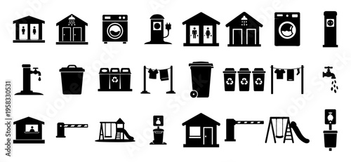 Campsite Facilities Silhouette Icon Set Camping Amenities WC Shower Laundry Electricity Water Waste Vector