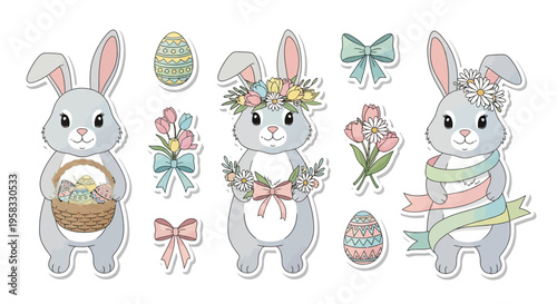 An adorable Easter Sunday illustration of three cute bunnies with pastel eggs and flowers on a white background