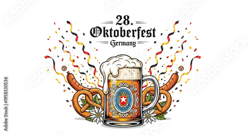 Oktoberfest Beer Mug, Pretzels, Sausages, Confetti, Germany Celebration