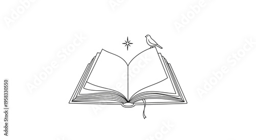 Open Book with Bird and Star - Hand Drawn Illustration