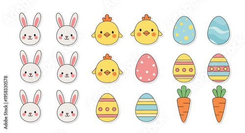 Colorful Easter-themed cartoon characters and decorations with bunnies, chicks, eggs, and carrots on a white background