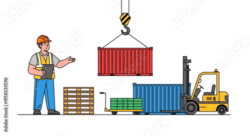 Logistics worker overseeing container loading with forklift and crane.