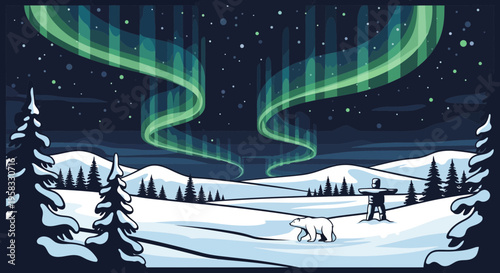 Polar Bear and Aurora Borealis in Snowy Arctic Landscape, Winter Night Sky
