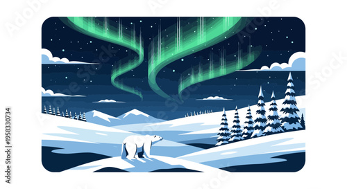 Polar Bear Under Aurora Borealis in Snowy Arctic Landscape