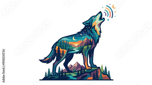 Majestic Wolf Howling Under Starry Night Sky.