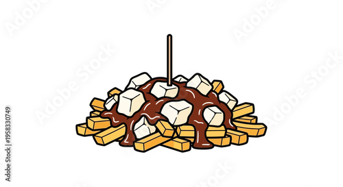 Poutine Illustration: Fries, Cheese Curds, Brown Gravy with Toothpick
