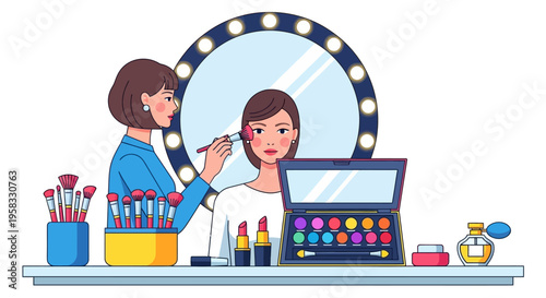 Makeup artist applying blush to a womans cheek.