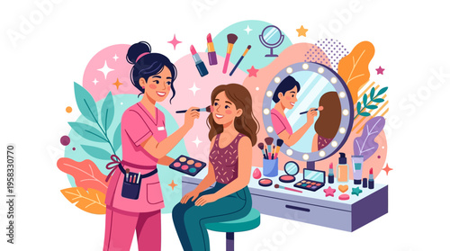 Makeup artist applying cosmetics to a client in a beauty salon.