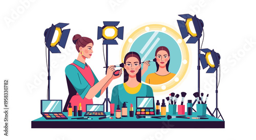 Makeup artist applying cosmetics to a model in a studio setting.