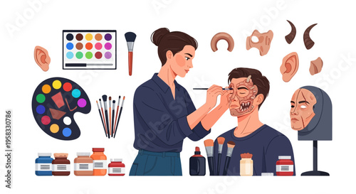 Makeup artist applying special effects makeup on a man.