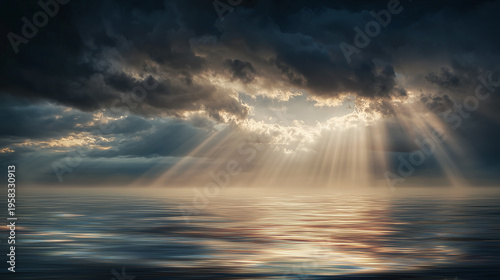 嵐の雲間から海面へ降り注ぐ柔らかな光の筋：天使の梯子