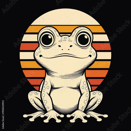 Lazy Frog Line Art Retro Sunset T-Shirt Vector Design
