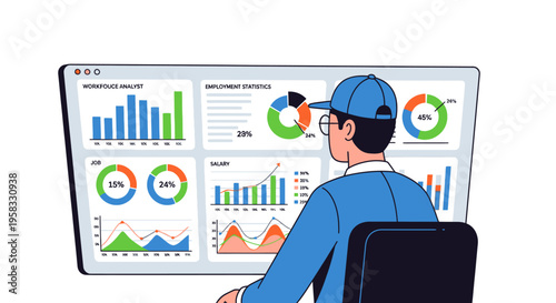 Man Analyzing Financial Data on a Large Computer Screen.