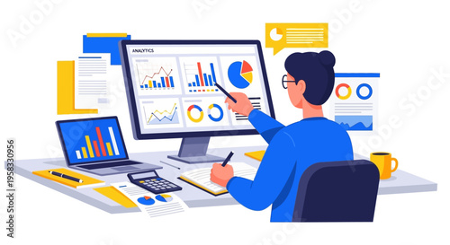 Man analyzing financial data on computer screen with charts.