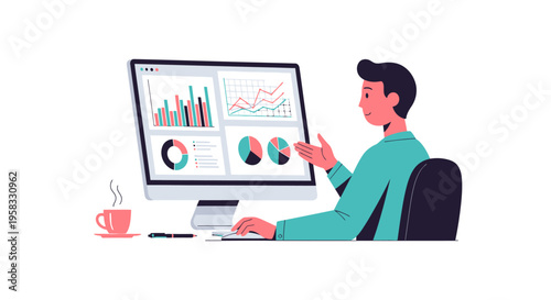 Man analyzing financial data on computer screen with charts.