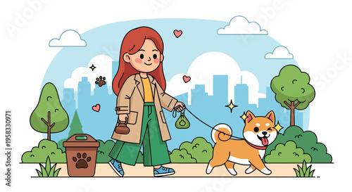 A young woman walking a Shiba Inu dog on a leash in a park with a city skyline in the background and a trash can nearby, under a blue sky with clouds.