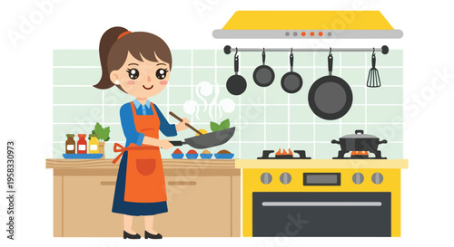 Cartoon woman cooking with a spatula in a kitchen with a yellow oven and various utensils.