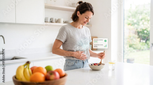 Woman standing at kitchen counter with bowl of cereal topped with berries and glass of water with lemon. Digital digestion balance interface overlay illustrates healthy nutrition monitoring concept.