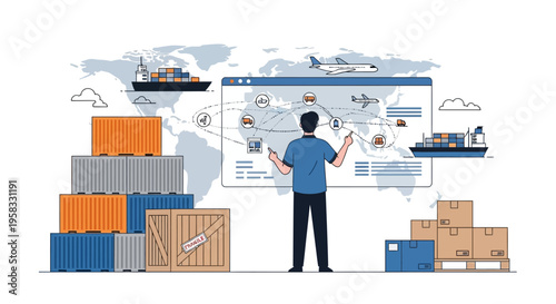 Logistics Manager Planning Global Shipping Routes on Digital Map.