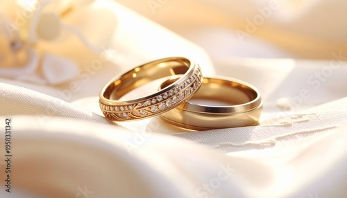 Beautifully crafted gold wedding bands adorned with sparkling diamonds, symbolizing eternal love and commitment on a soft, luxurious satin background