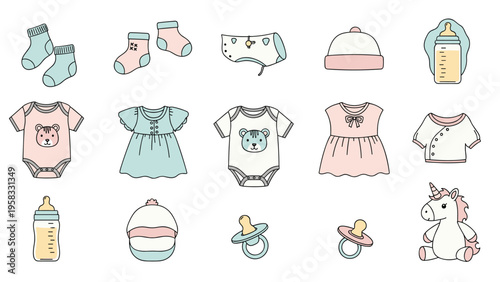 Cute collection of baby clothes and accessories featuring onesies, hats, pacifiers, bottles, and a unicorn toy.