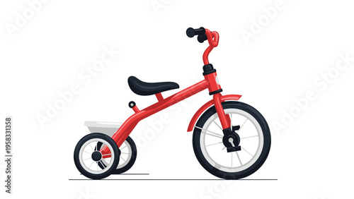 Bright red childs tricycle with black seat and white wheels featuring a small storage bin at the back.
