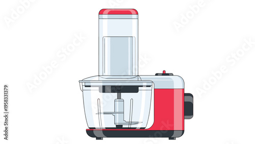 Modern electric food processor with a clear plastic bowl and multiple blades for kitchen food preparation.