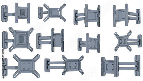 Grid of articulating silver metal wall mounts for flat screen televisions shown in various angles and extension positions.