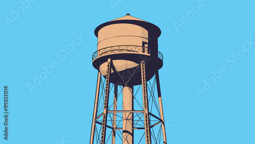 Vintage water tower with a cylindrical tank supported by a metal frame standing against a clear solid blue sky background.