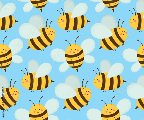 Seamless pattern with funny bees on bright blue sky. Background of playful cute insects