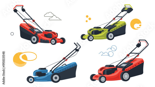 Four different lawn mowers in red, green, and blue colors with stylized sun and cloud elements on a clean white background.
