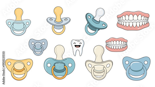 Assortment of baby pacifiers in various colors, a smiling tooth character, and realistic dental sets on a white background.