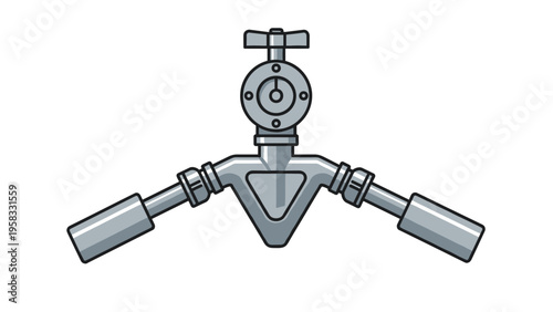 Industrial pipe valve system with a round measurement gauge and two grey handle levers shown on a plain white background.