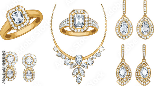 Luxury Gold Jewelry Vector Collection Featuring Diamond Halo Rings Pendant Necklaces and Drop Earrings for Elegant Wedding and Bridal Branding