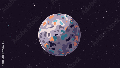 Mysterious planet with colorful surface features and craters floating in a vast dark space filled with numerous distant stars.