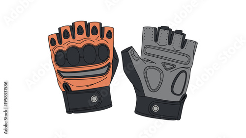 Pair of orange and grey fingerless tactical gloves shown from front and back views on a plain white background.