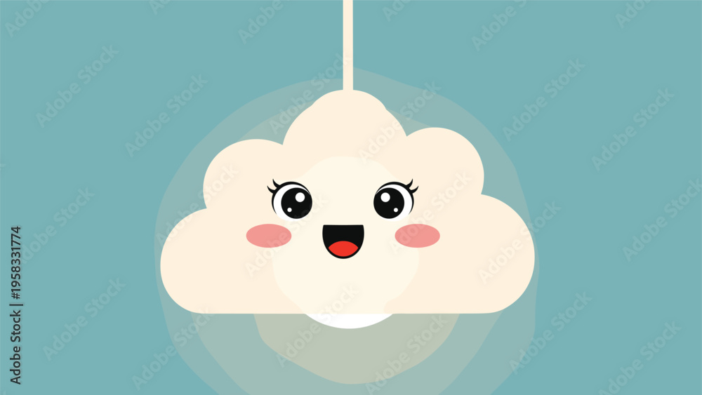 Obraz premium Cute cloud character with a smiling face and blushing cheeks hanging as a lamp on a blue background for children.