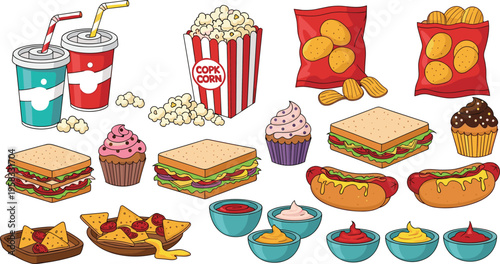 Fast Food and Cinema Snack Vector Set Featuring Popcorn Sodas Sandwiches Hot Dogs and Nachos in Vibrant Hand Drawn Cartoon Style