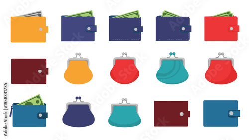 Grid of fifteen colorful wallets and coin purses in various styles and colors isolated on a white background.