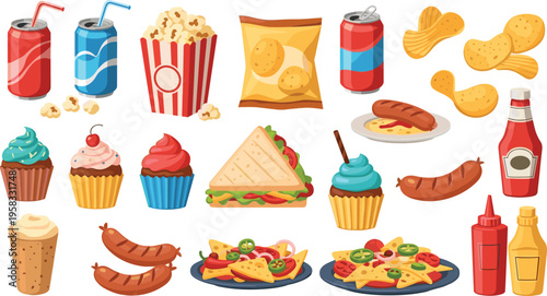 Fast Food and Cinema Snack Vector Set Featuring Soda Cans Popcorn Sandwiches Nachos and Cupcakes in Colorful Modern Cartoon Illustration Style
