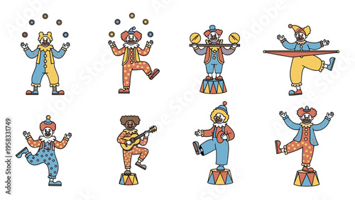 Collection of eight circus clowns performing different acts like juggling and playing guitar on a white background.