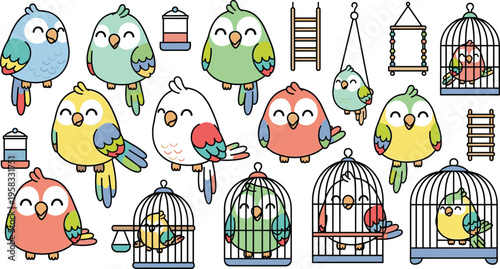 Kawaii Pet Bird Vector Collection Featuring Cute Parrots and Parakeets with Bird Cages and Accessories in Minimalist Hand Drawn Style
