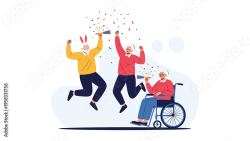 Group of happy senior citizens celebrating with confetti and party blowers including a person in a wheelchair.