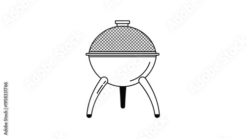 Simple line art illustration of a round barbecue grill on three legs isolated on a clean white background.