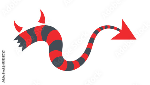 Red and black striped devil tail with horns and a pointed tip isolated on a white background for festive design.
