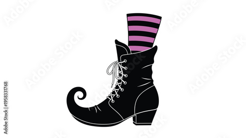 Black witch boot with a curled toe and laces featuring a pink and black striped sock on a white background.