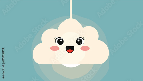 Cute cloud character with a smiling face and blushing cheeks hanging as a lamp on a blue background for children.