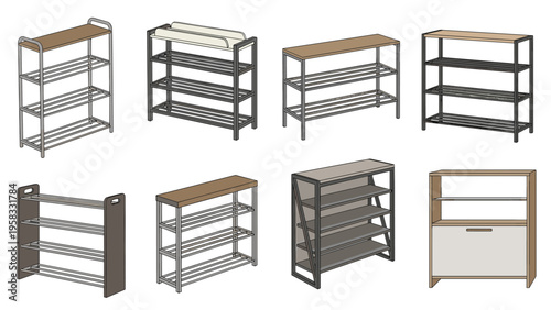 Collection of eight different styles of shoe racks and storage shelves in various materials and color designs.